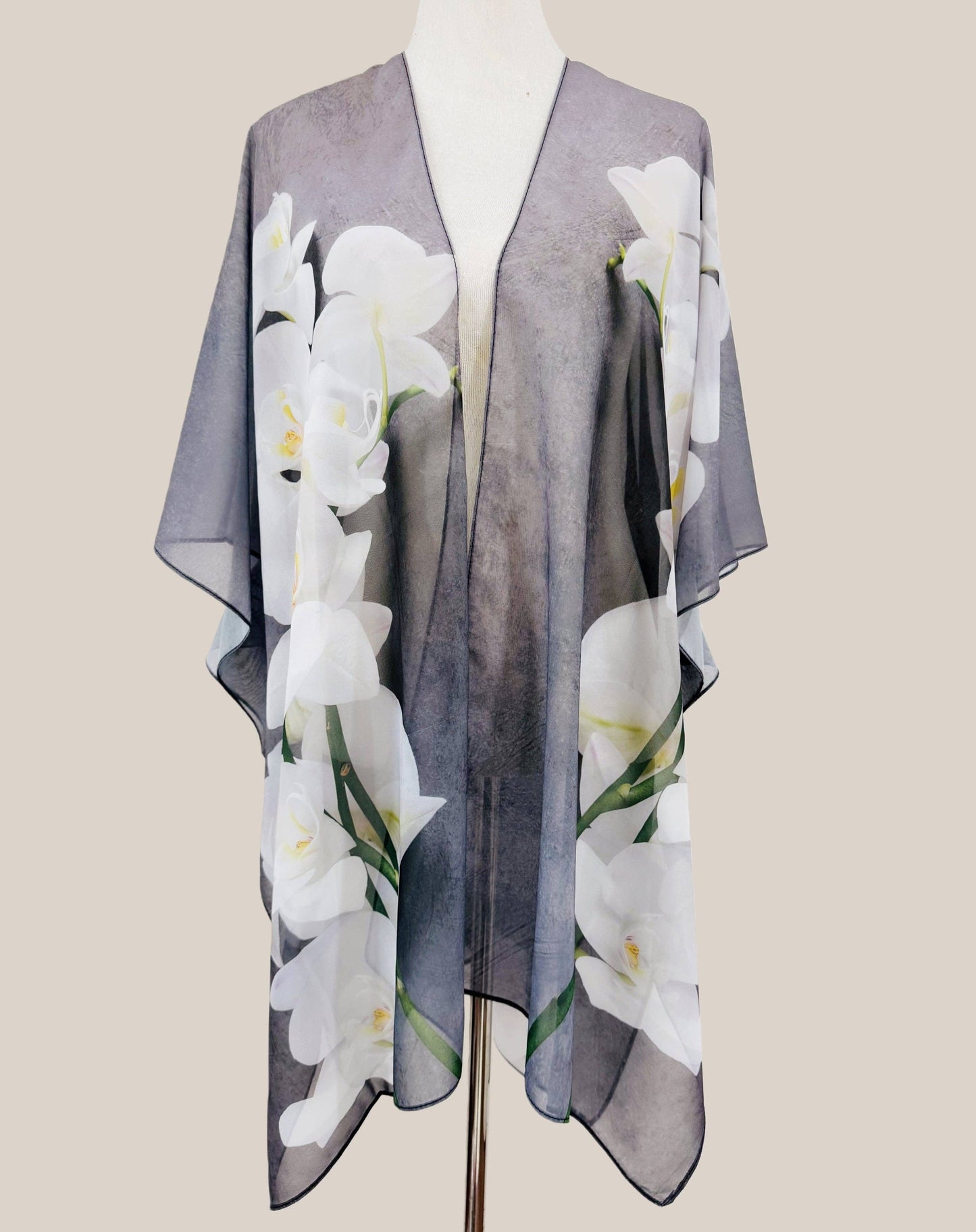 JC0712103 Gray-White Orchid Floral Kimono Cover-Up