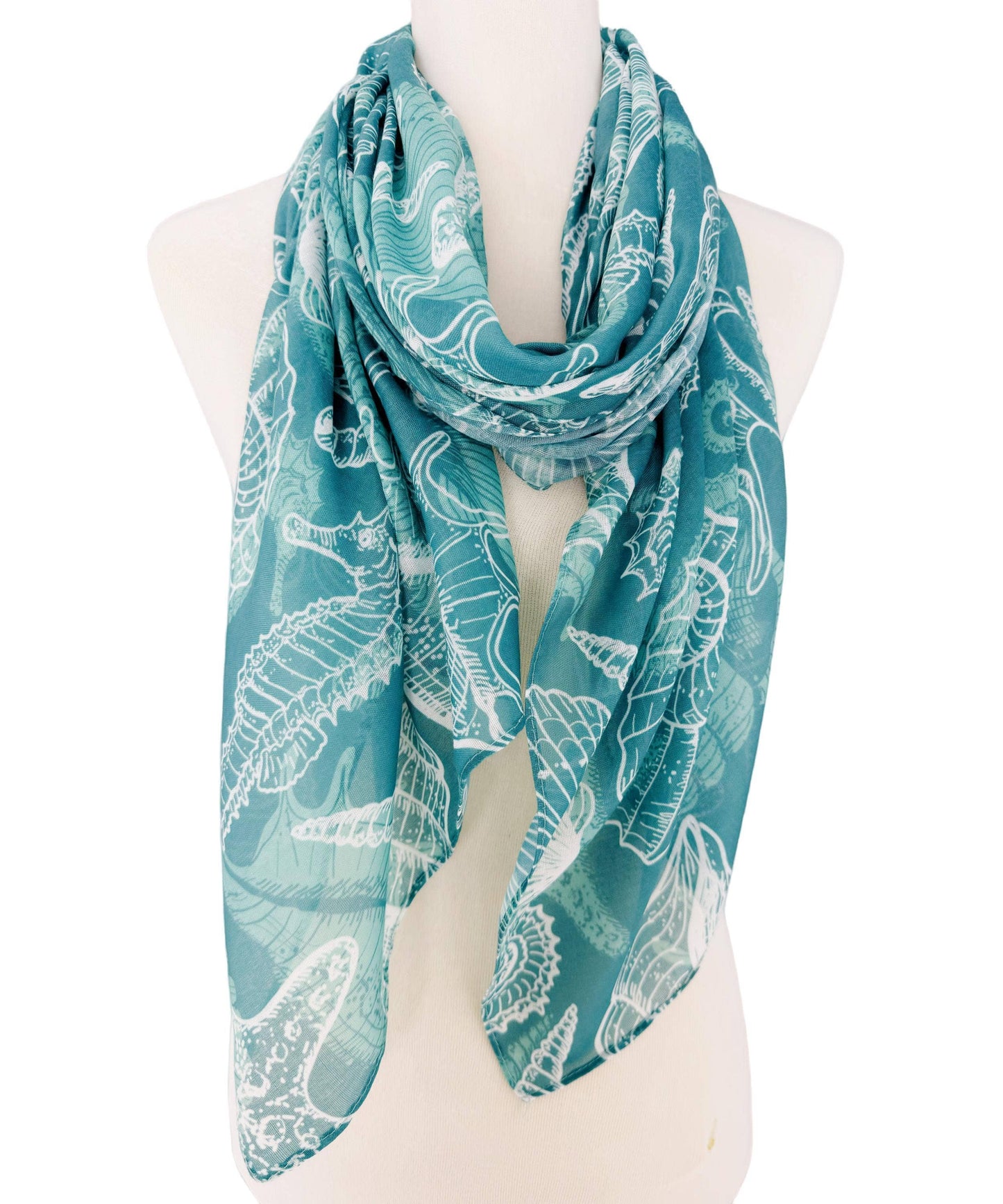 JC022846 Green-White Seahorse & Sea Star Scarf