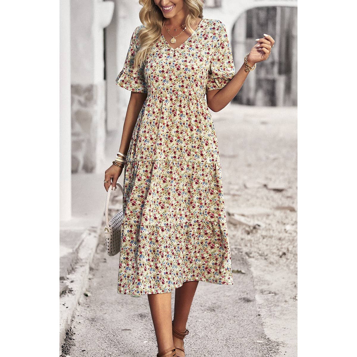 Floral Print Fit Ruffle Sleeve Midi Dress