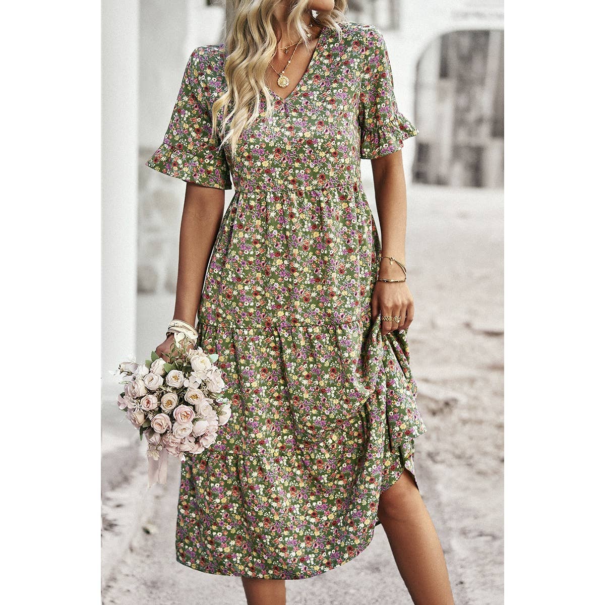 Floral Print Fit Ruffle Sleeve Midi Dress
