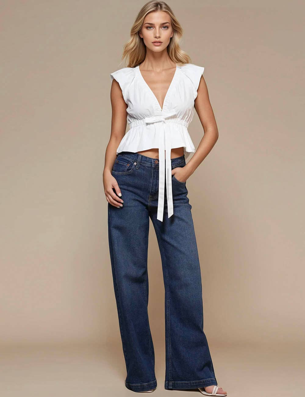 Ladies V-neck Waist Bowtie Sleeveless White Top SKT51005