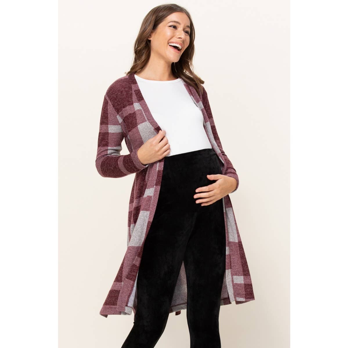 Plaid Maternity Knit Cardigan with Tie Belt