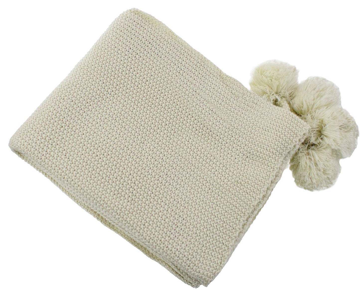 Natural Chunky Knit Pom Pom Throw Blanket