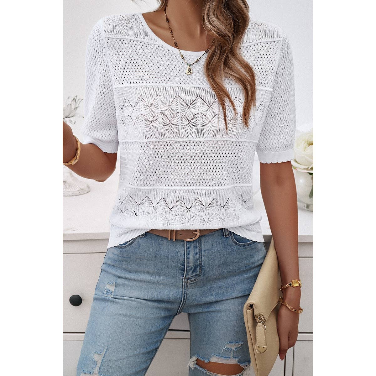 Crew Neck Hollow Lightweight Weaved Sweater Shirt