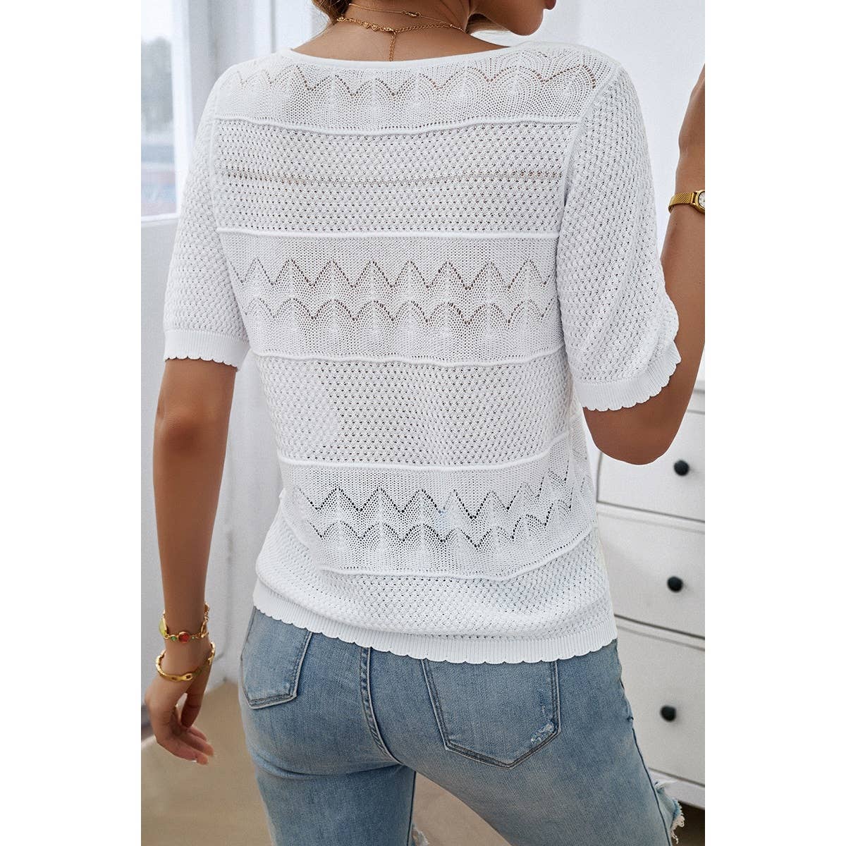 Crew Neck Hollow Lightweight Weaved Sweater Shirt