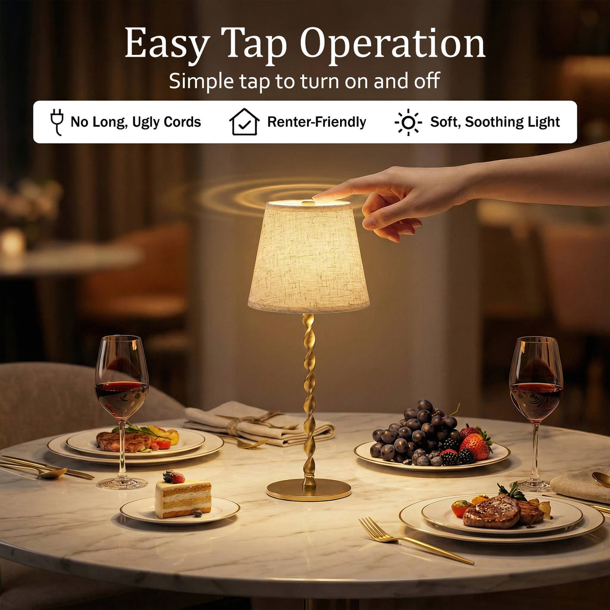 Twisted Linen Shade, Gold Twist Stem, Cordless LED Lamp