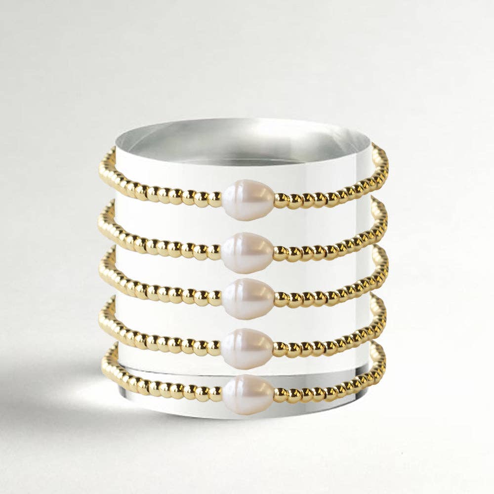 Uno Pearl & Gold Beaded Tarnish Resistant Stretch Bracelet