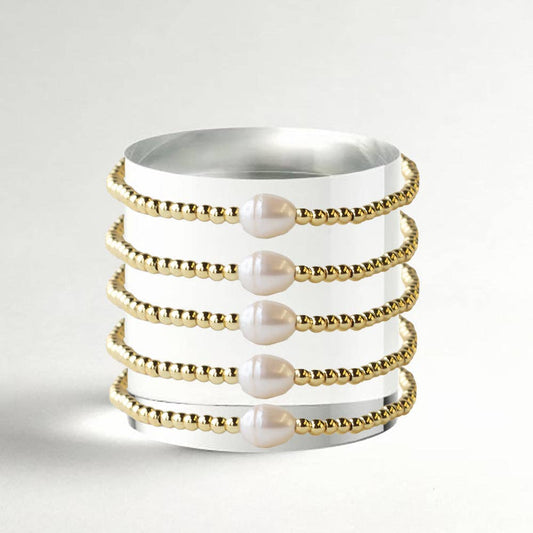 Uno Pearl & Gold Beaded Tarnish Resistant Stretch Bracelet
