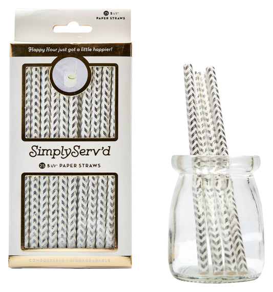 Cocktail Straw Silver Chevron/25pk