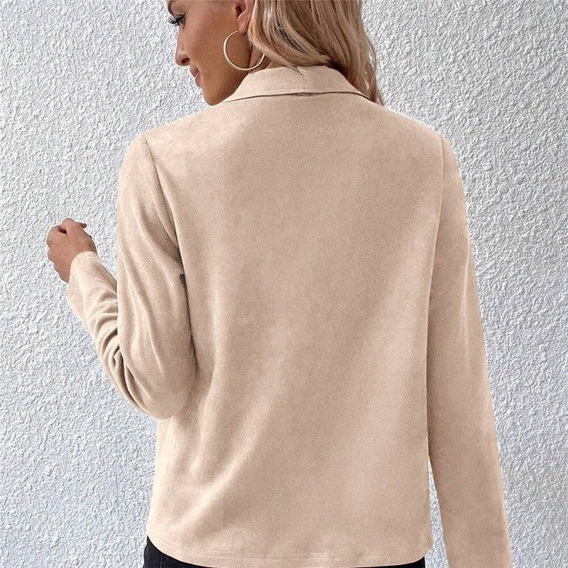 Faux Fur Collar Zip-Up Short Jacket with Long Sleeves