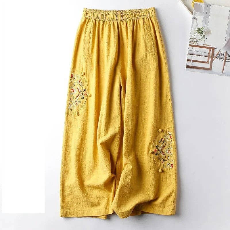 Vintage Embroidered Wide-Leg Cropped Pants