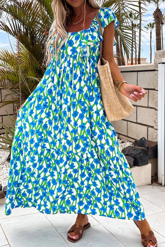 Plus Size Ruffle Trim Square Neck Floral Maxi Dress (S-4X)