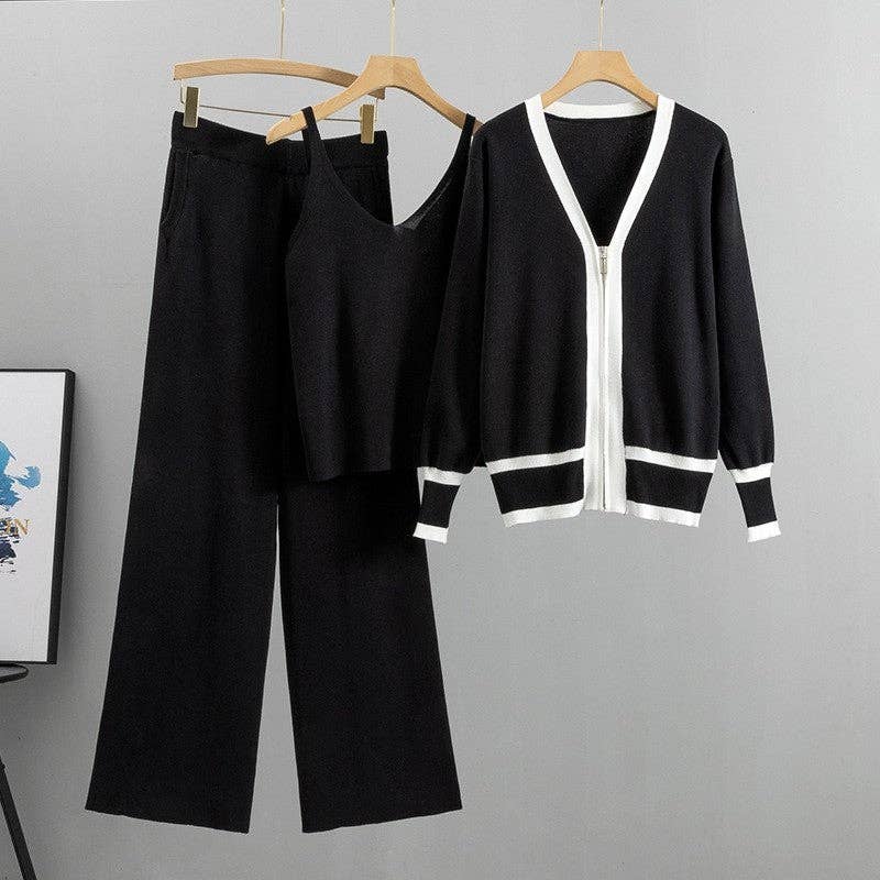 Knit Cardigan Camisole Wide Leg Pants Three-Piece Set