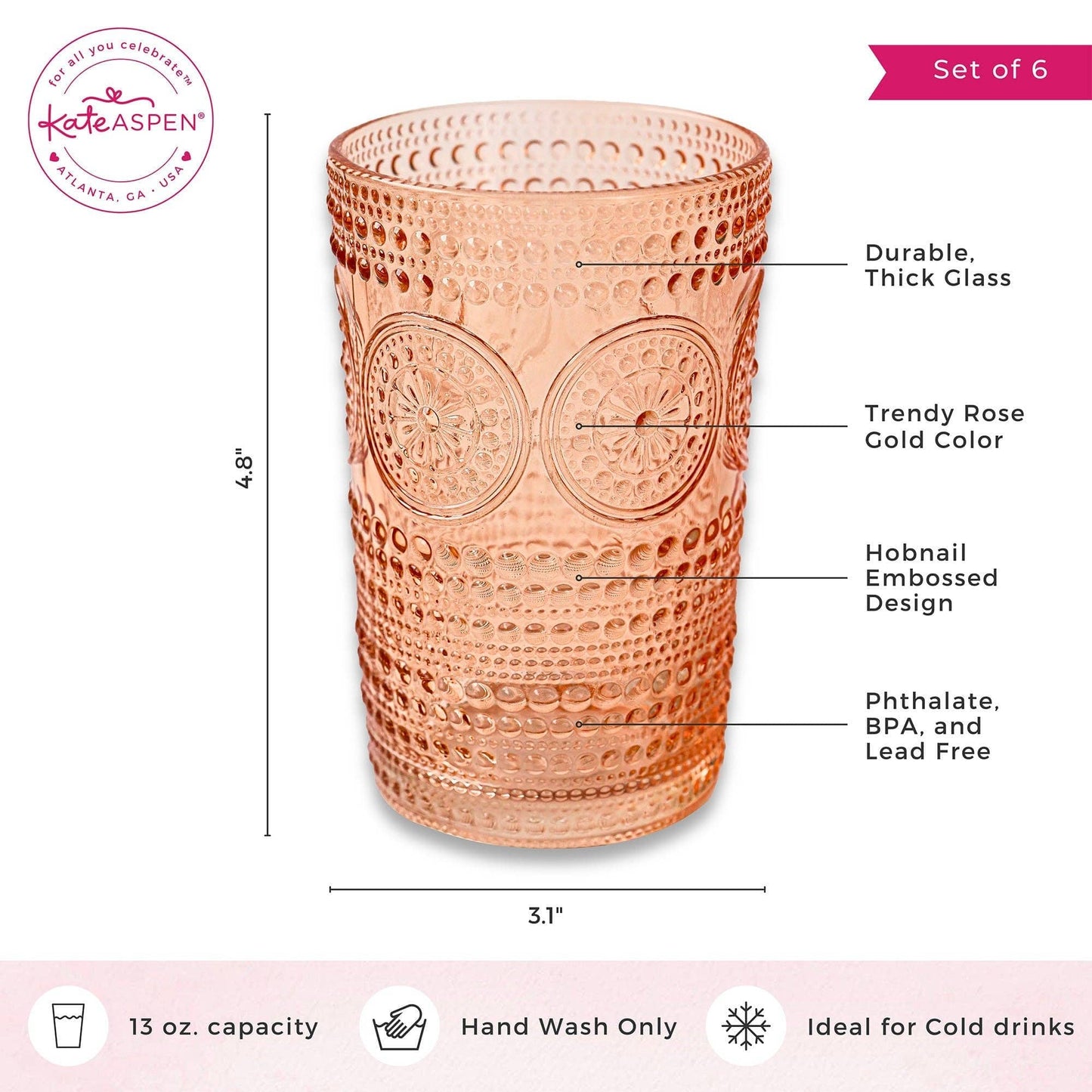 13 oz. Beaded Floral Rose Gold Drinking Glasses (Set