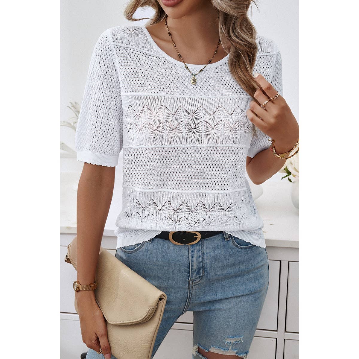 Crew Neck Hollow Lightweight Weaved Sweater Shirt