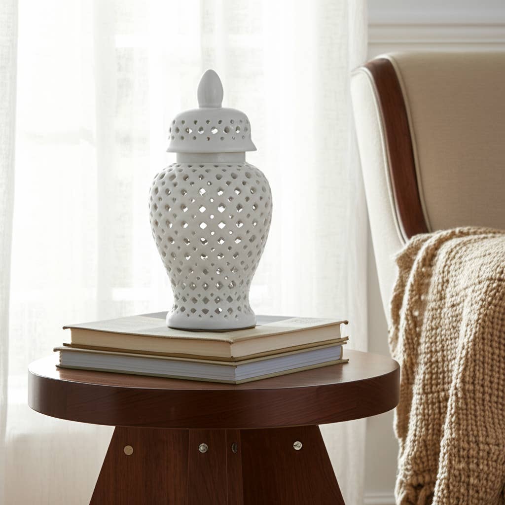 Decorative Temple Jar - White Ceramic Cut-out Clover, 24 in.