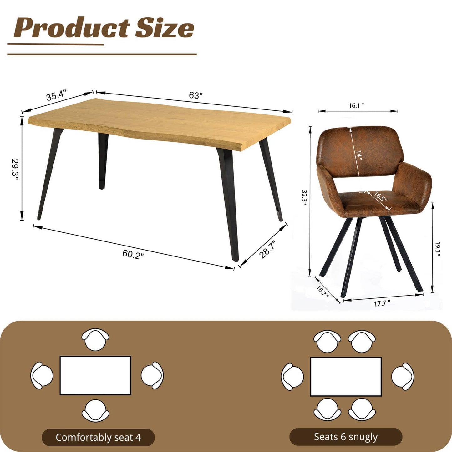 5-Piece Dining Set-63" Wave-Edge Table and Chair Options