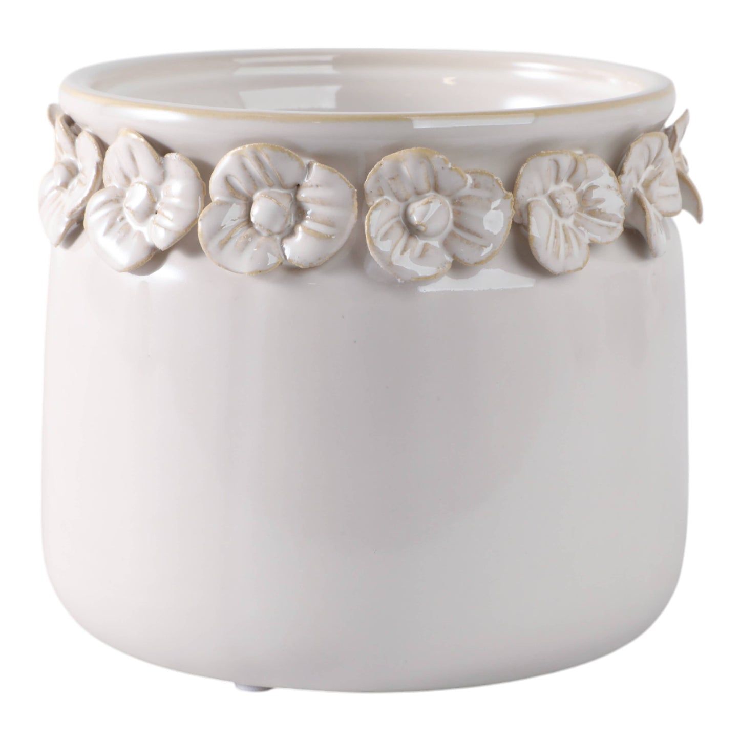 Plant Pot - Ivory Ceramic Sculpted Floral Rim Applique, 6 in