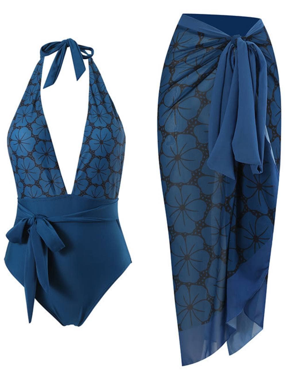 Flower Print Halter Swimwear with Cover