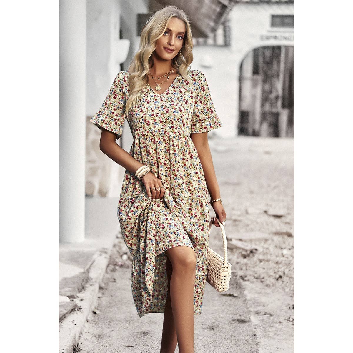 Floral Print Fit Ruffle Sleeve Midi Dress