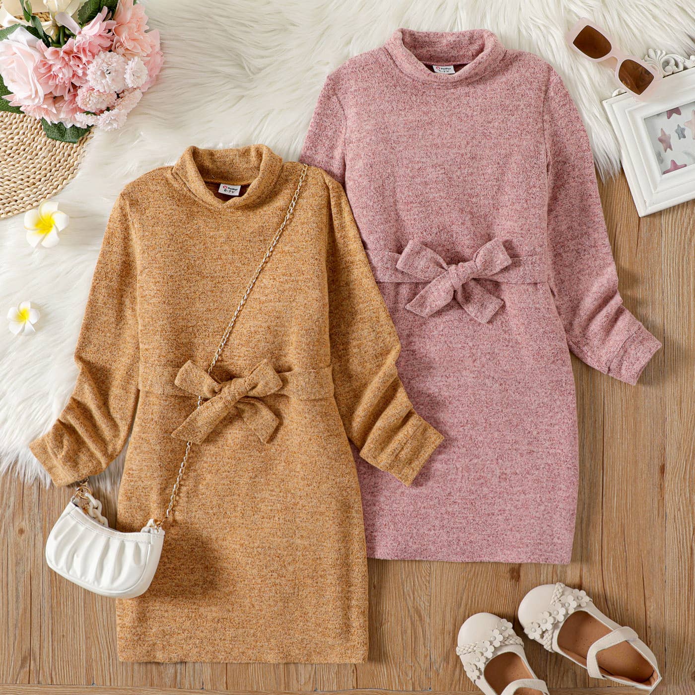 Kid Girl Solid Color Turtleneck Belted Long-sleeve Dress