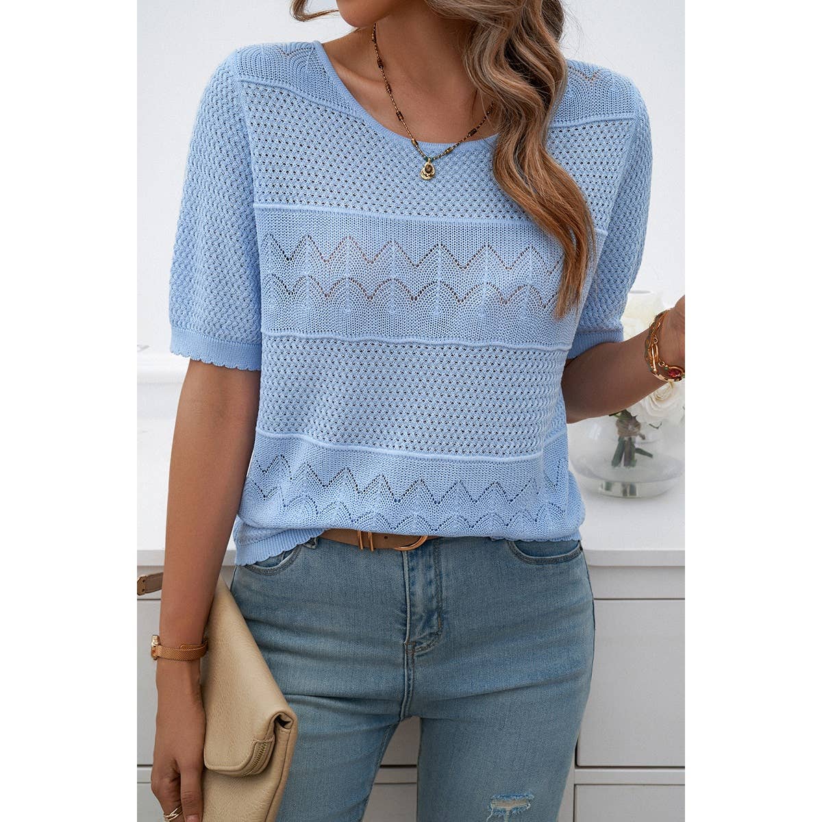 Crew Neck Hollow Lightweight Weaved Sweater Shirt