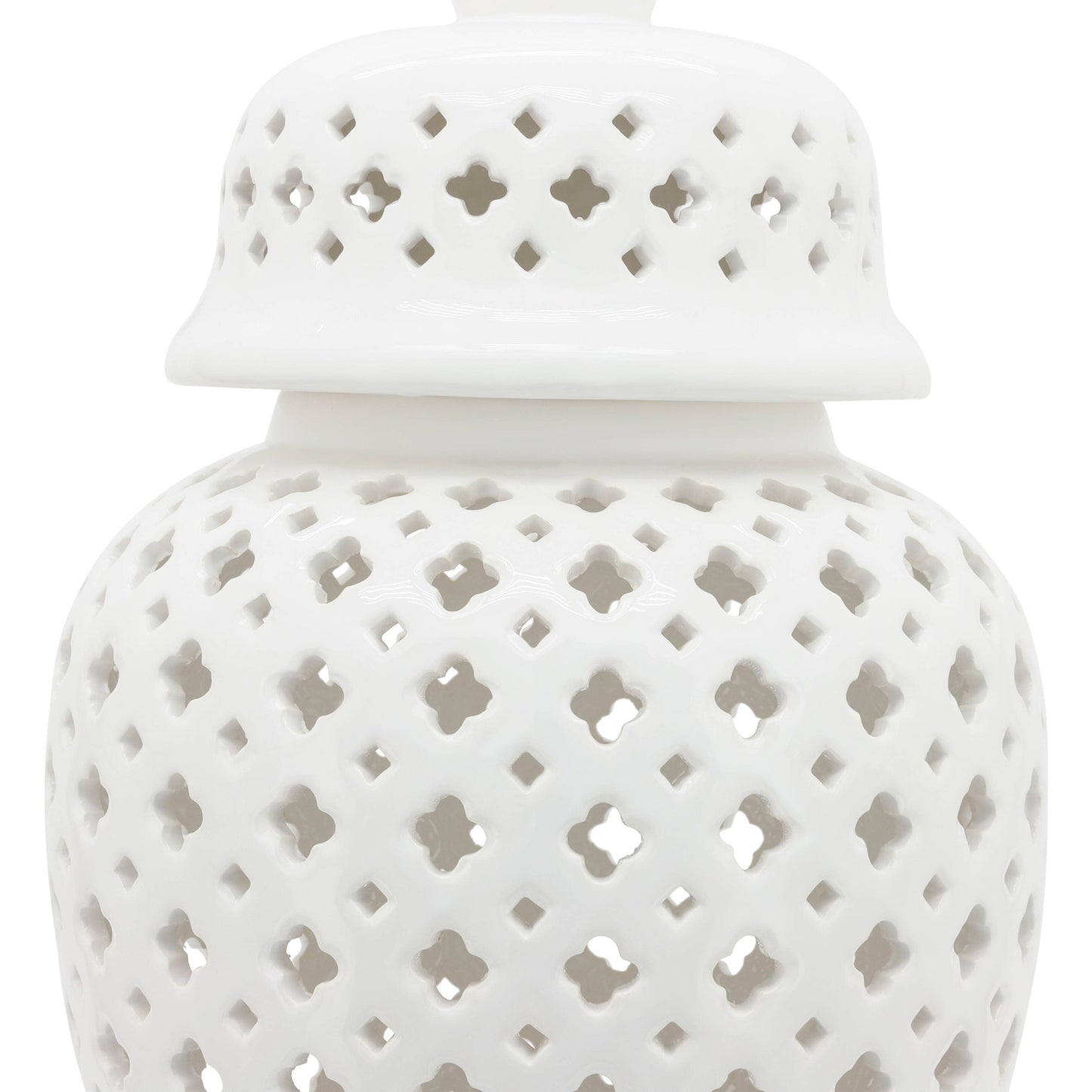 Decorative Temple Jar - White Ceramic Cut-out Clover, 24 in.