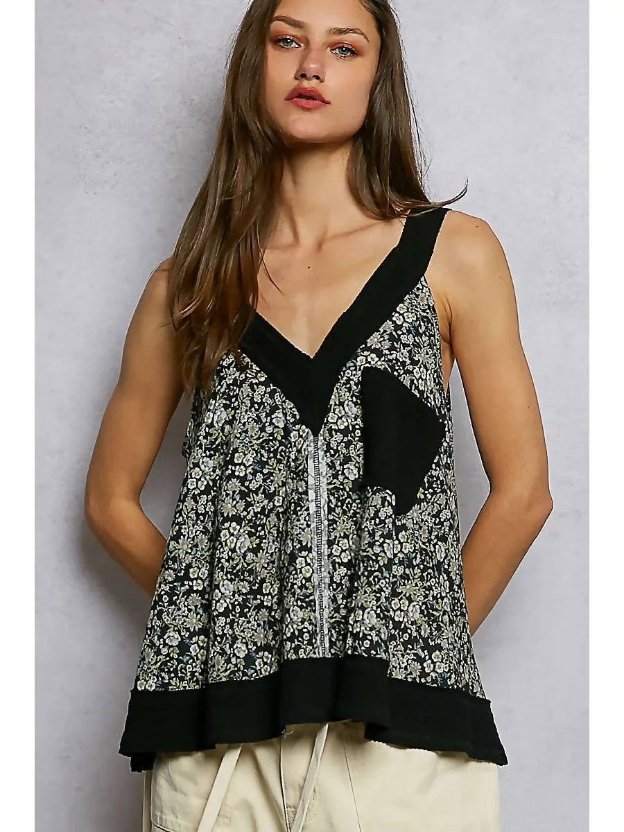 Lightweight V-Neck Floral Print Rib Patch Sleeveless Top