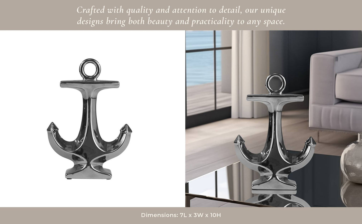 Silver 10 in. Ceramic Novelty Solid Coastal Sculpture