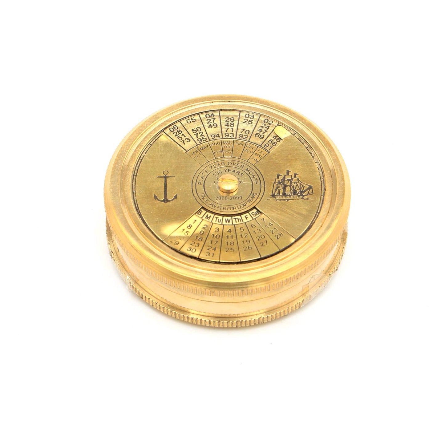 Vintage Collectible Brass Compass with Calendar-Gold