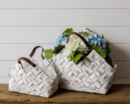 Basket - Whitewash Chipwood With Leather Handle (Set Of 02)