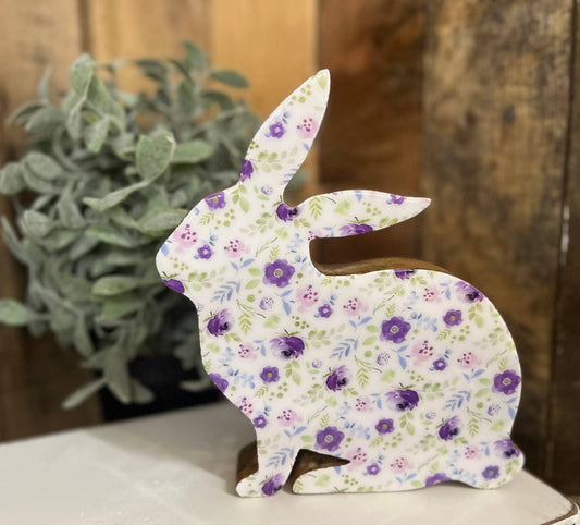 Wooden Bunny Sitter with a Purple Floral Print 8x7in