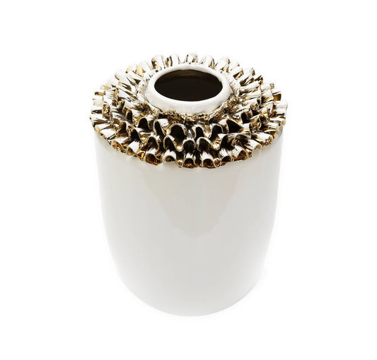10"H White Ceramic Vase Gold Design