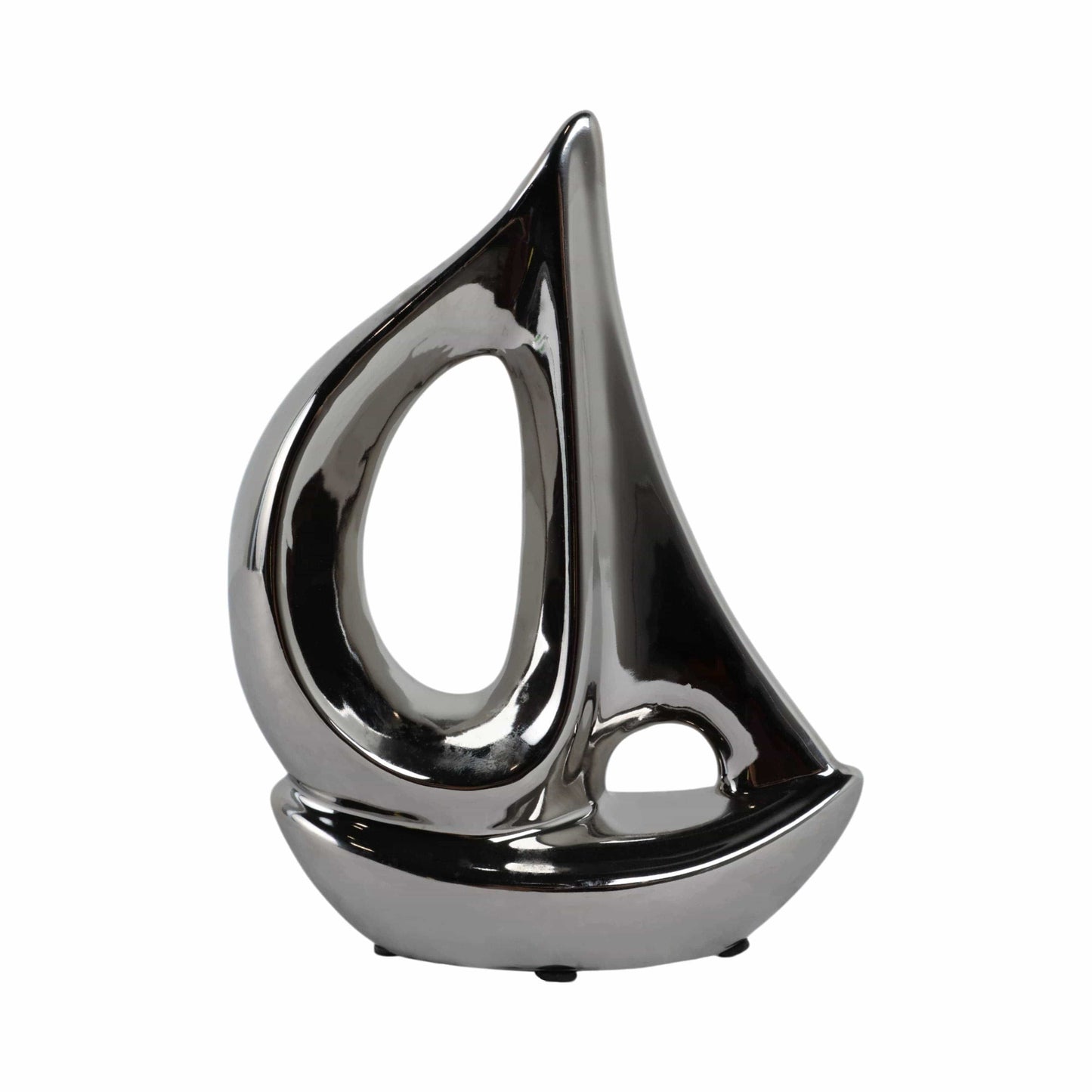 Ceramic Coastal Sailboat Sculpture Decor - Silver, 8 in.
