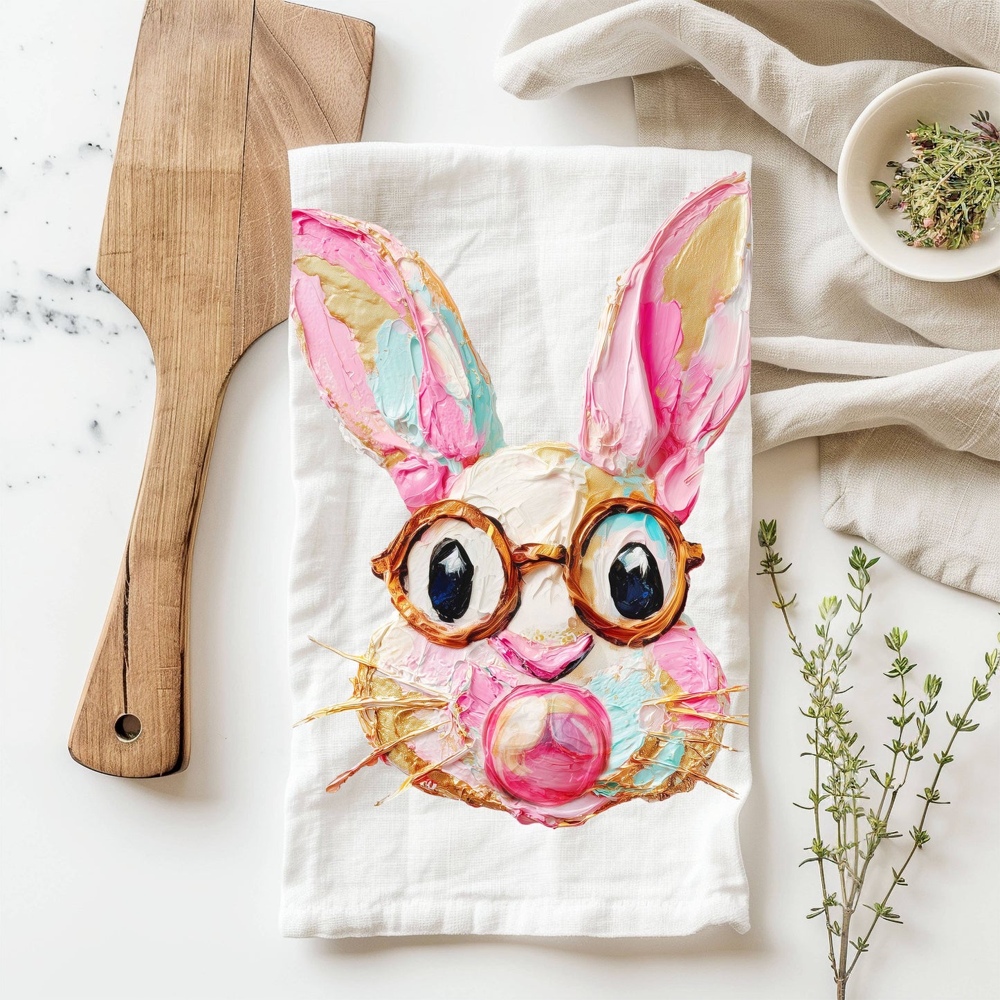 Bubblegum & Bow Pink Easter Bunny & Spring Kitchen Towels
