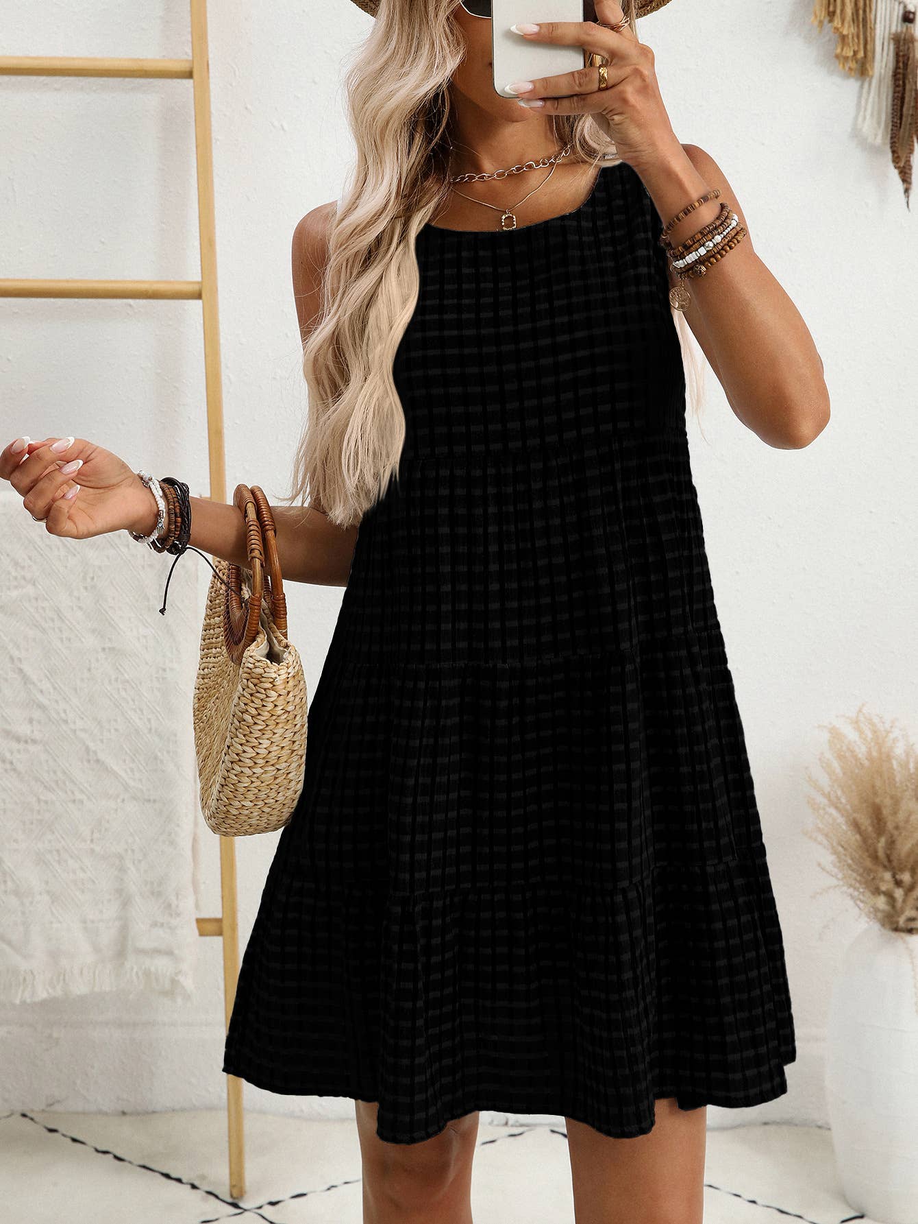 Checkered Tiered Sleeveless Mini Dress
