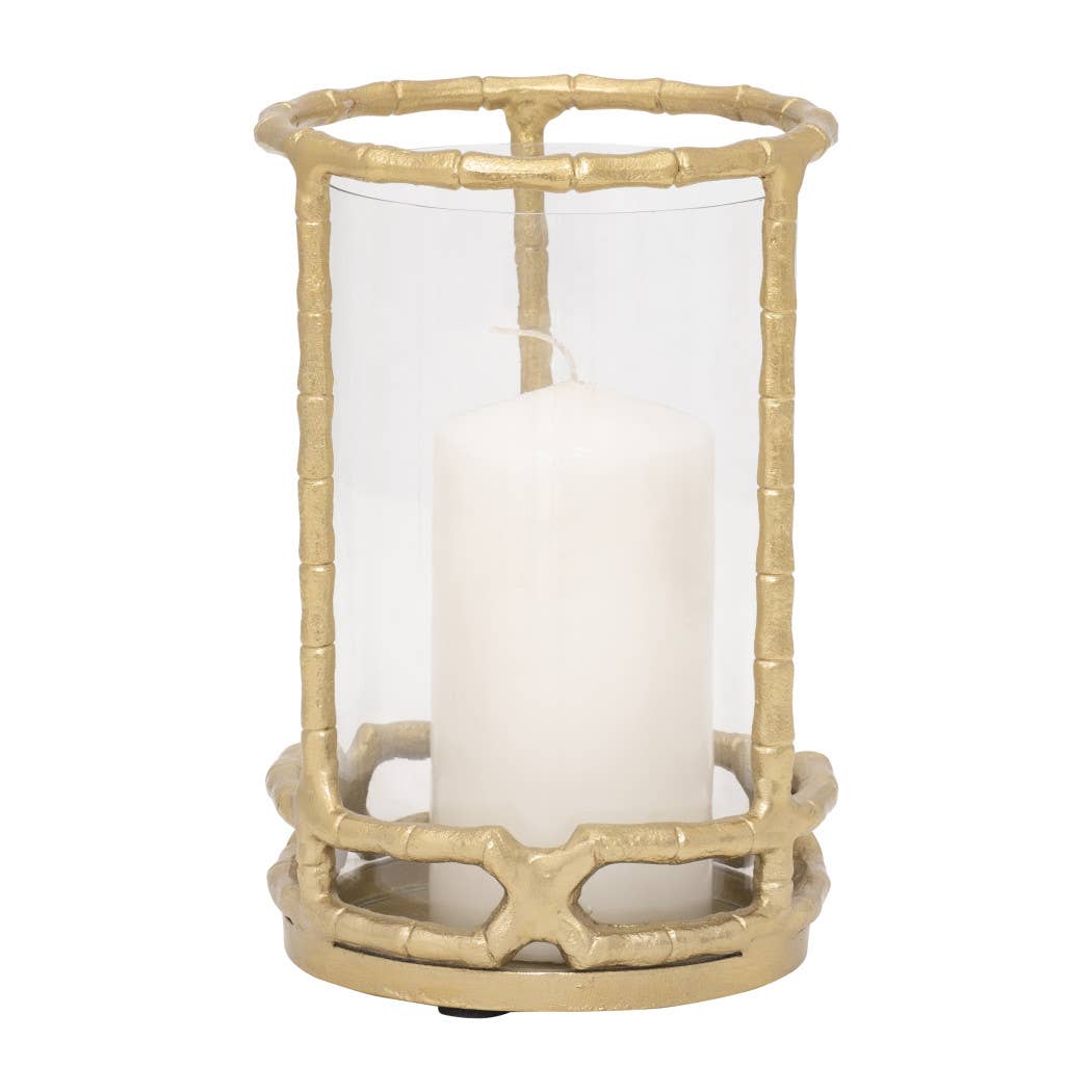 Hurricane Candle Holder - Gold Metal Cylinder Modern, 9 in.