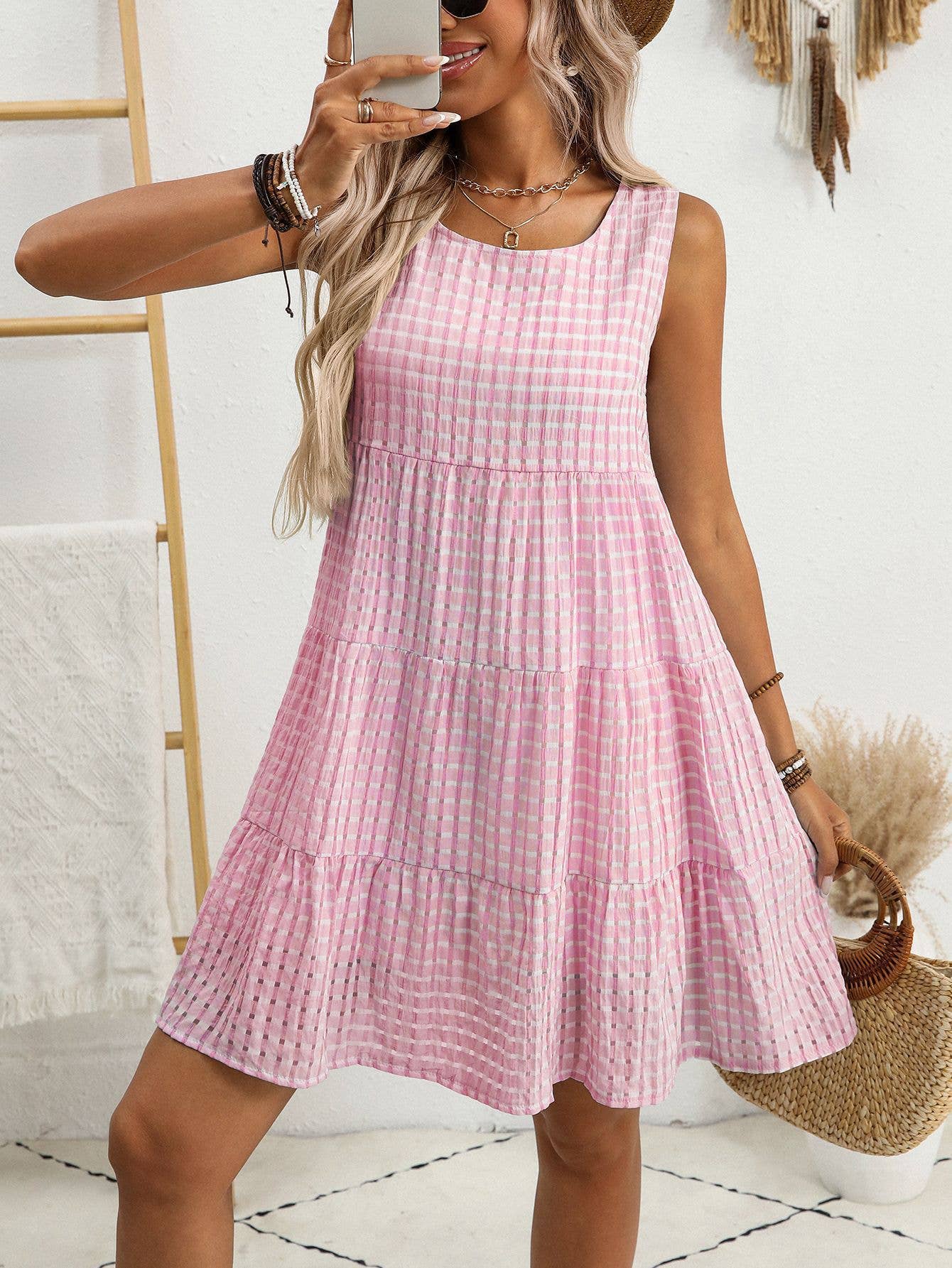 Checkered Tiered Sleeveless Mini Dress
