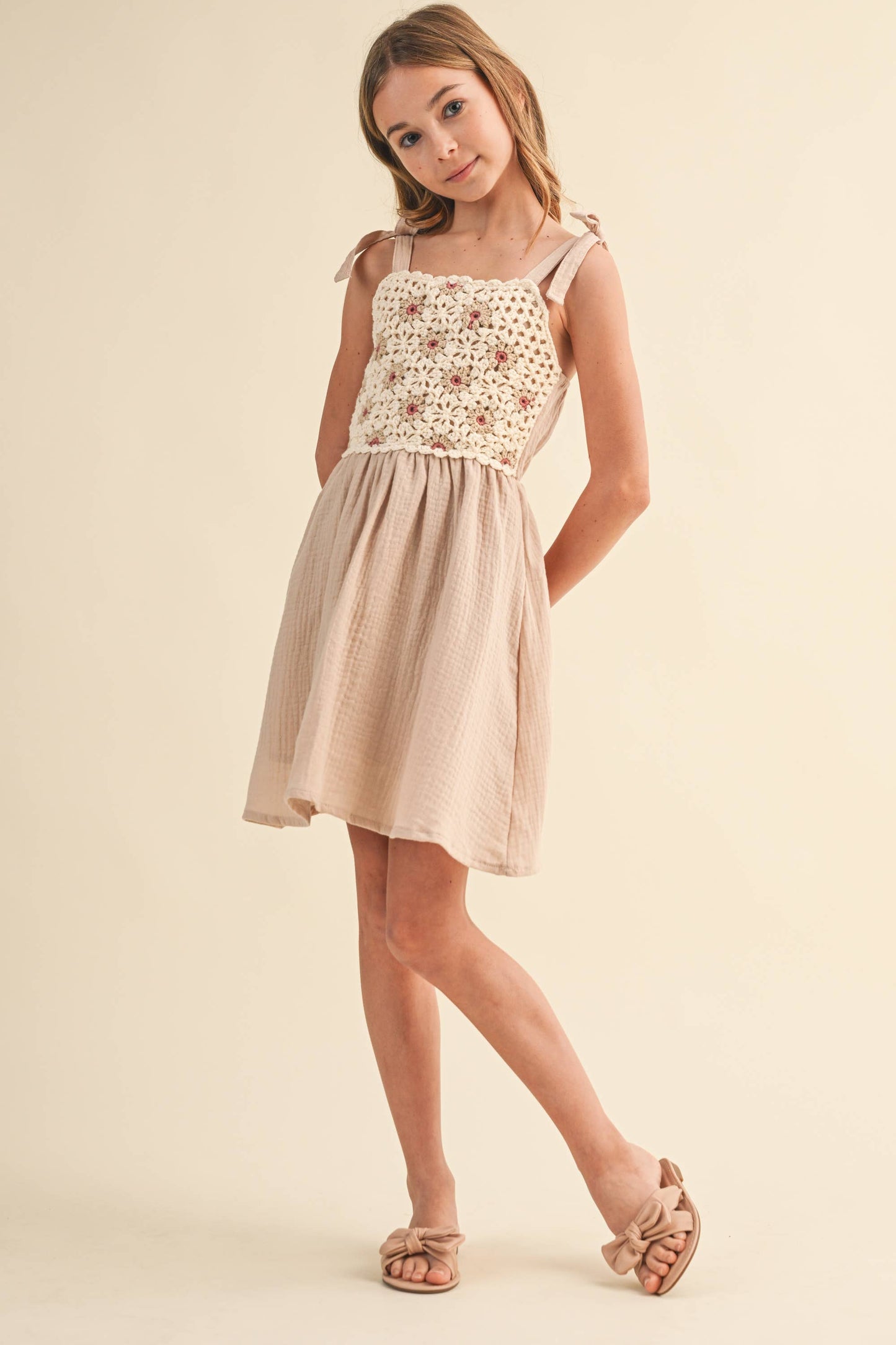 TWEEN KIDS GIRLS CROCHET TIE SHOULDER MINI DRESS (7-12)