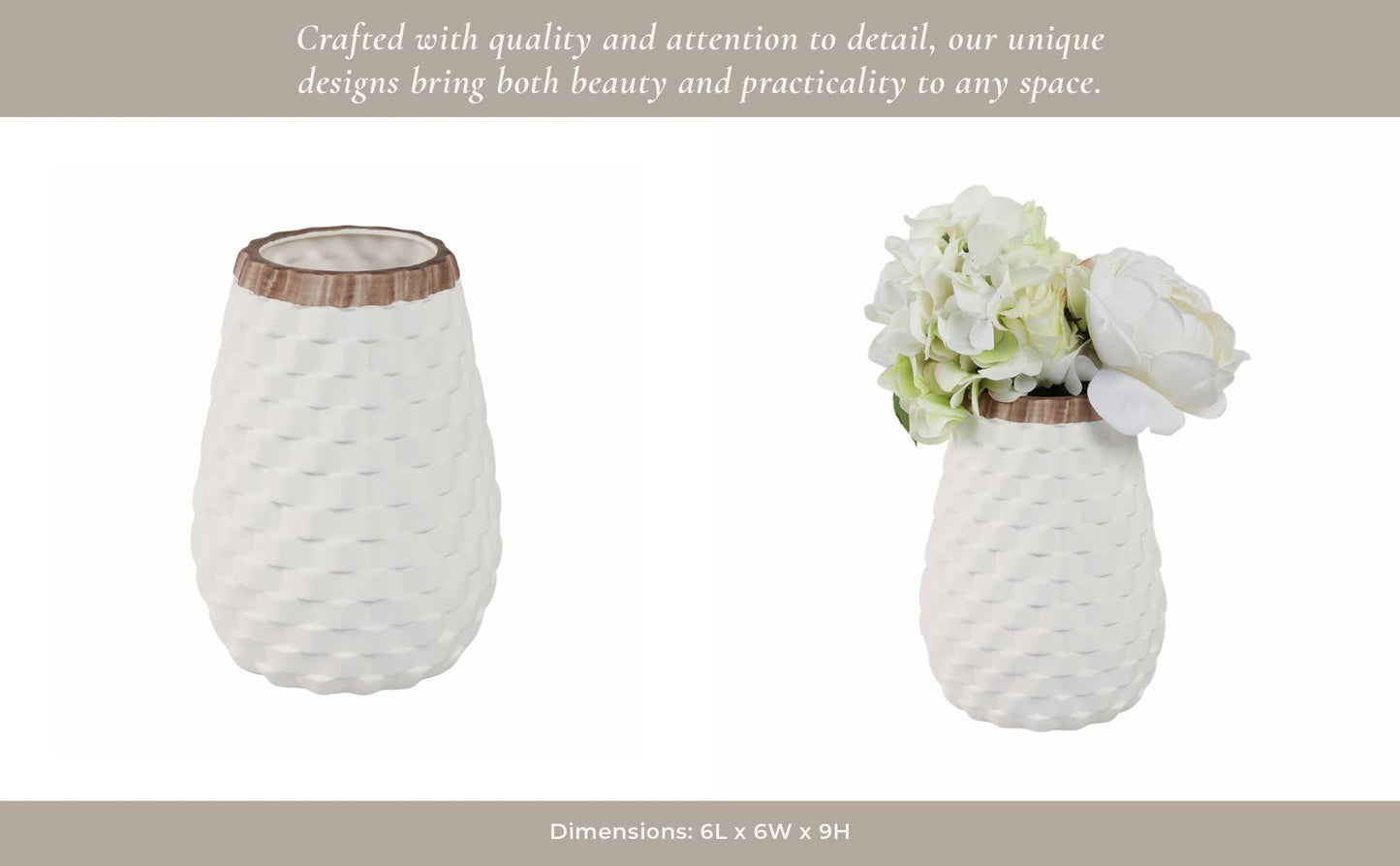 White 9 in. Ceramic Novelty Geometric Textured Vase