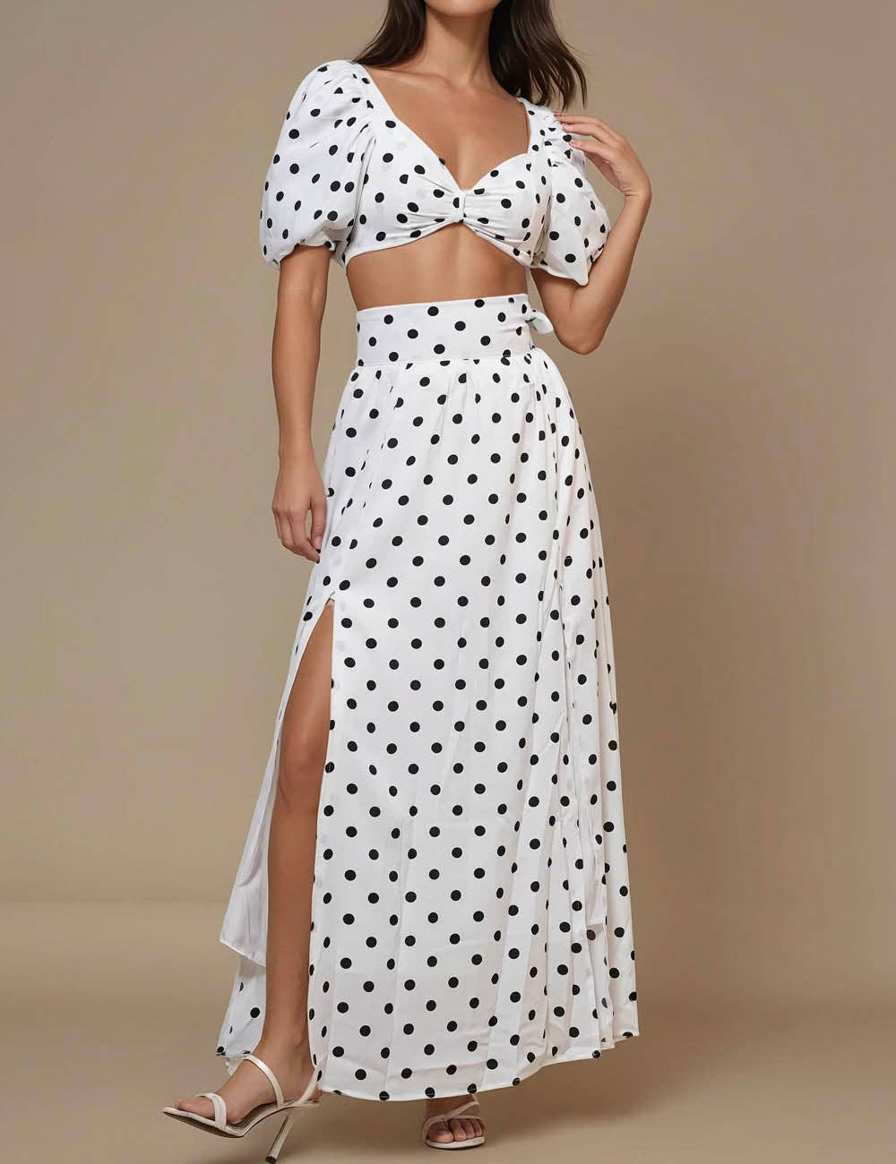 Ladies Polka Dot Crop Top Midi Skirt 2PCS Set