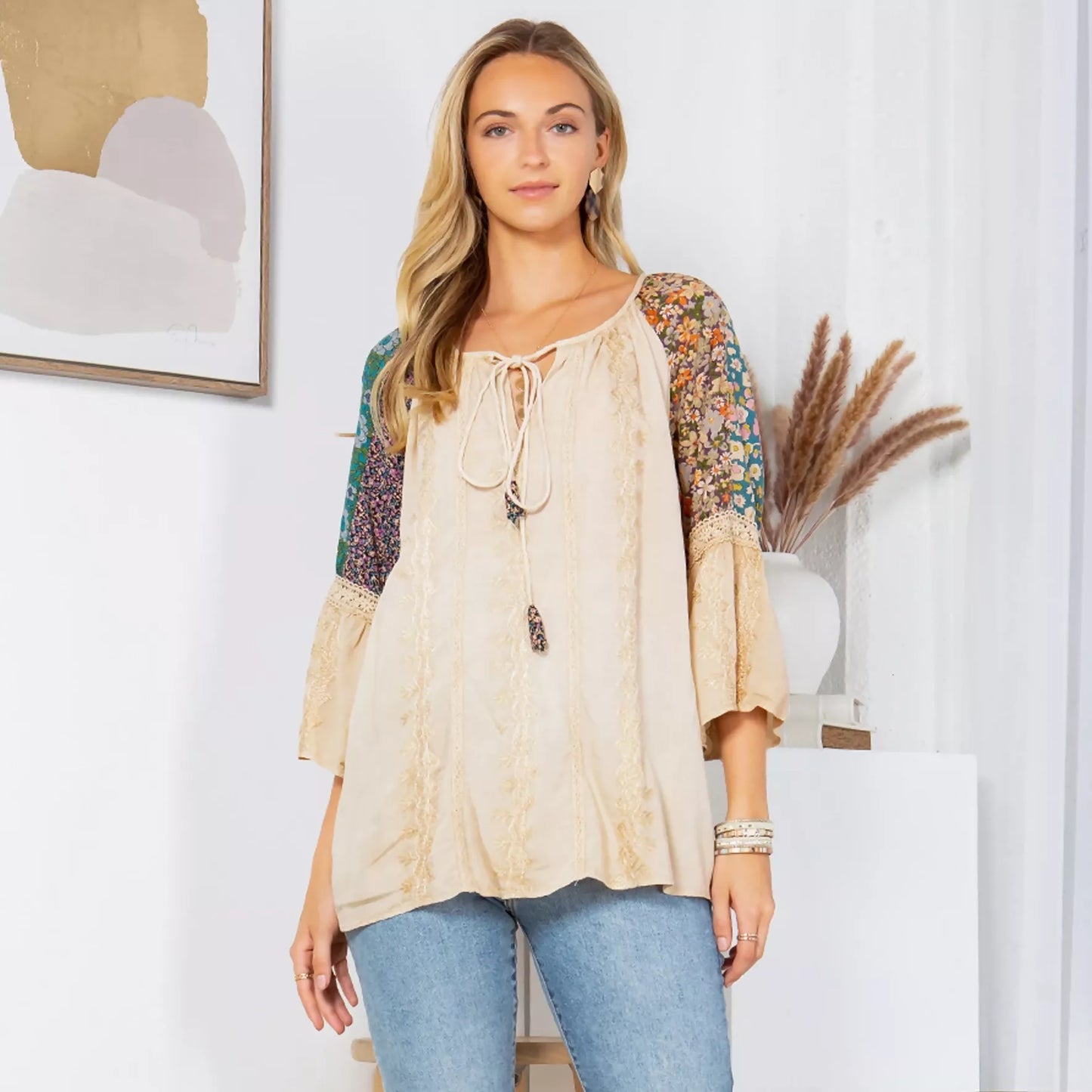 Enchanting Whimsy Overdyed Rayon Peasant Top with Embroidery