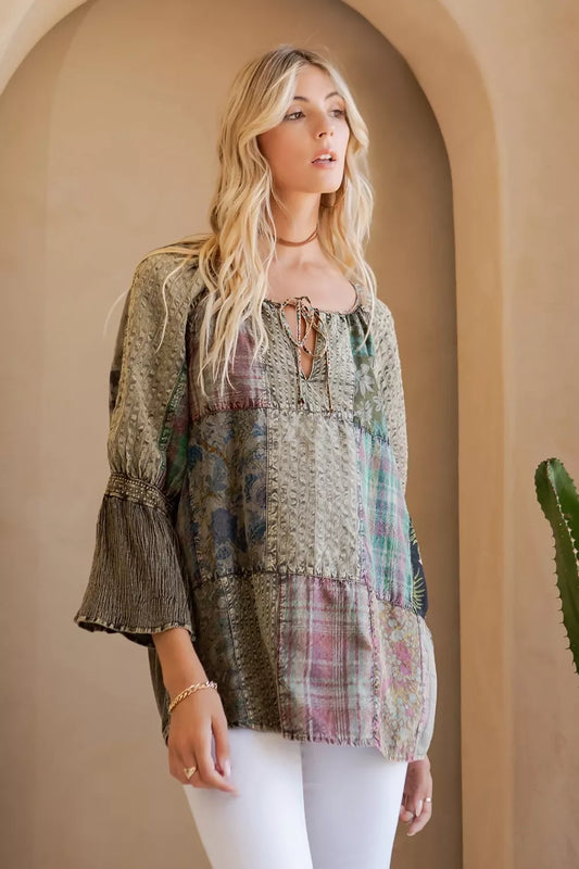 Peasant Top with Print Checks Patchwork