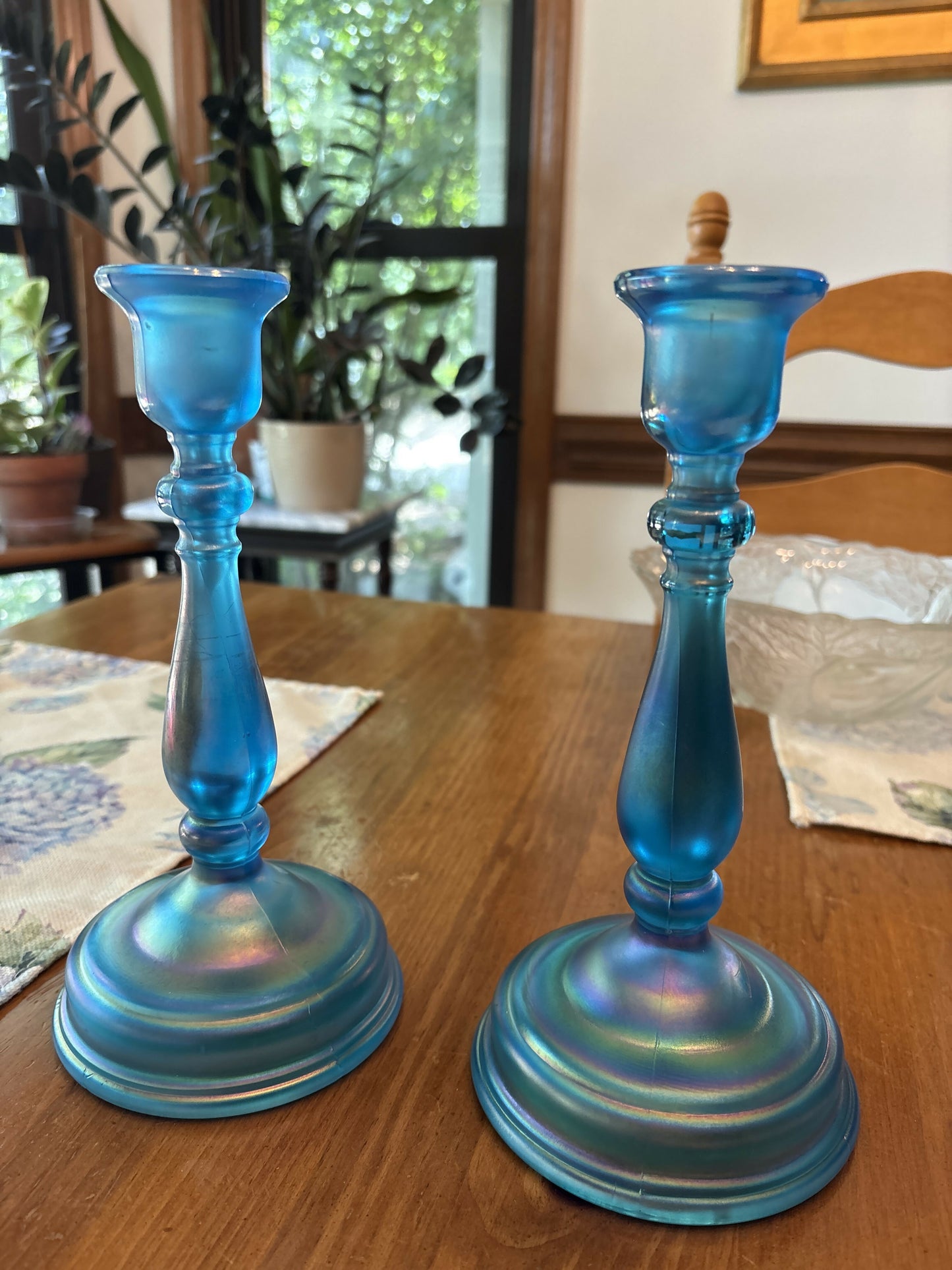 Fenton Celeste, blue iridescent candlesticks